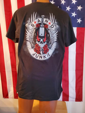 Adult Men's Black T-Shirt with Sand Junkie Skull Roses Design - Clothing